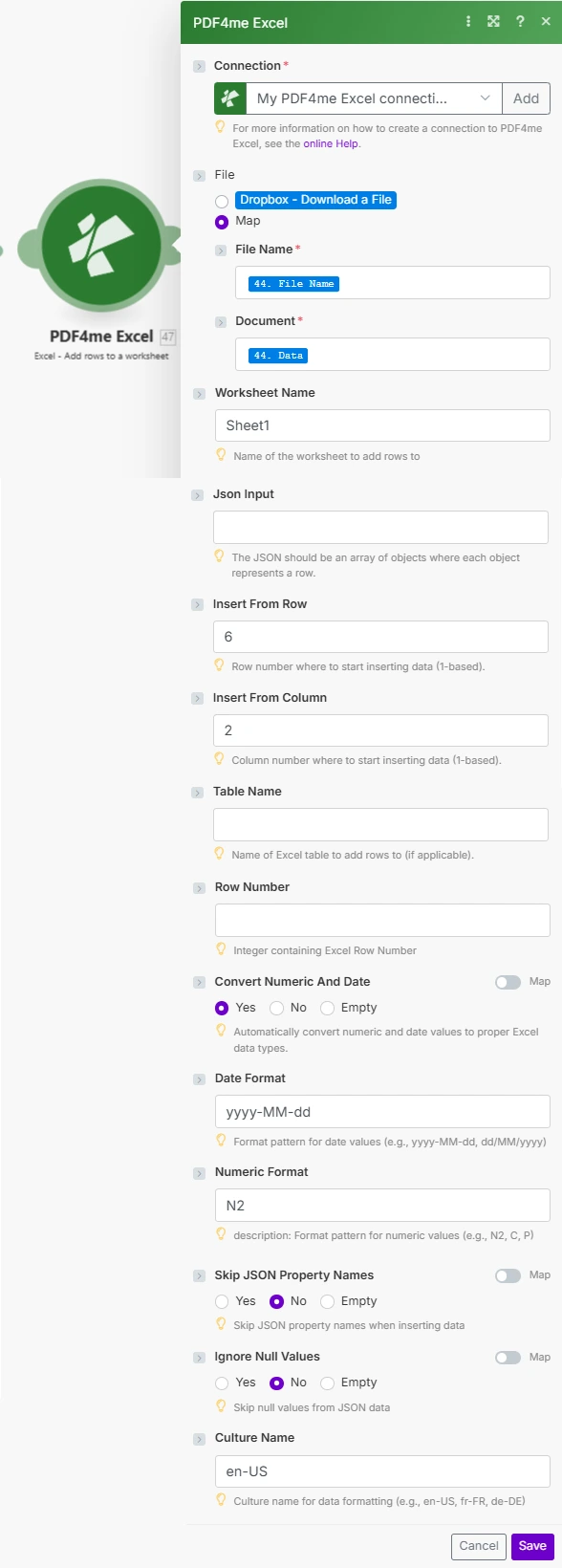 Agregar filas al módulo Excel en Make, mostrando los campos Nombre de archivo, Documento, Entrada JSON, Nombre de tabla y Convertir campos numéricos y de fecha configurados para la inserción automatizada de datos en la hoja de cálculo.